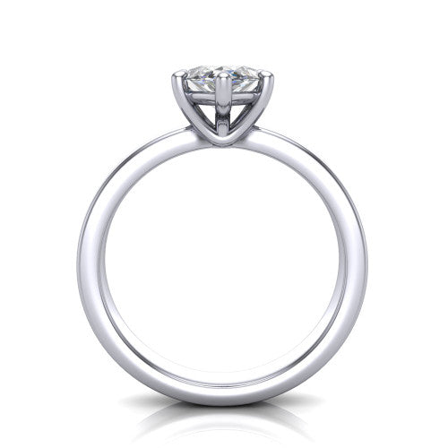 Louise marquise classic solitaire engagement ring in 18K White Gold, through-finger front profile showing the marquise center raised above the wide flat band