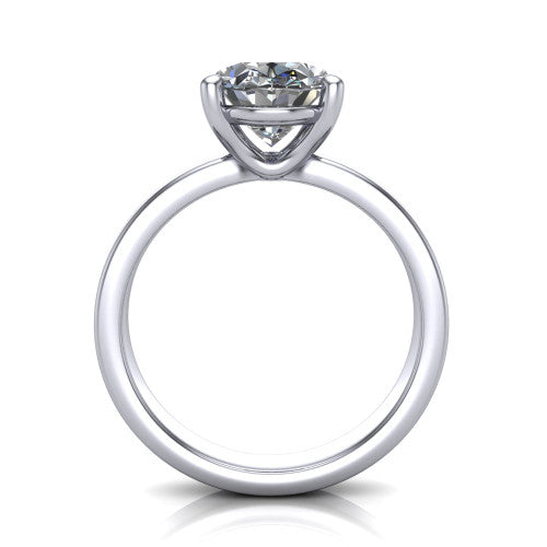 Louise oval classic solitaire engagement ring in 14K White Gold, through-finger front profile showing the oval center raised above the wide flat band