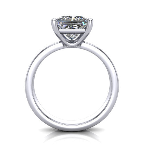 Louise princess classic solitaire engagement ring in 18K White Gold, through-finger front profile showing the princess center raised above the wide flat band