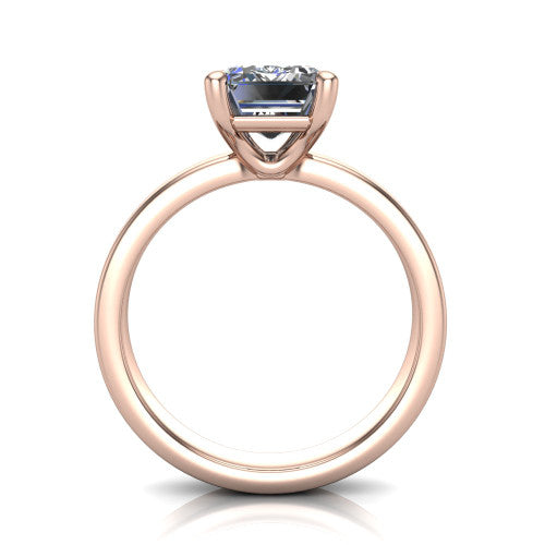 Louise emerald classic solitaire engagement ring in 14K Rose Gold, through-finger front profile showing the emerald center raised above the wide flat band