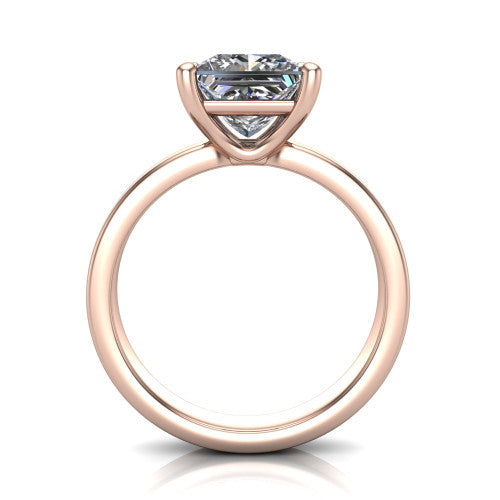 Louise princess classic solitaire engagement ring in 18K Rose Gold, through-finger front profile showing the princess center raised above the wide flat band