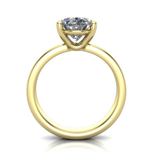 Louise oval classic solitaire engagement ring in 18K Yellow Gold, through-finger front profile showing the oval center raised above the wide flat band