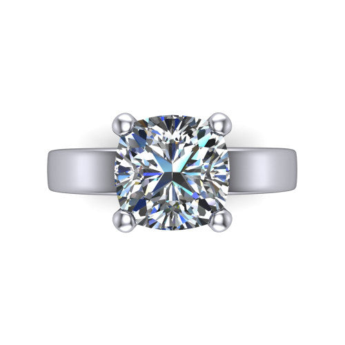Louise cushion classic solitaire engagement ring in 14K White Gold, top-down view showing the four-prong cushion solitaire center and the wide band