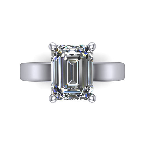 Louise emerald classic solitaire engagement ring in Platinum, top-down view showing the four-prong emerald solitaire center and the wide band