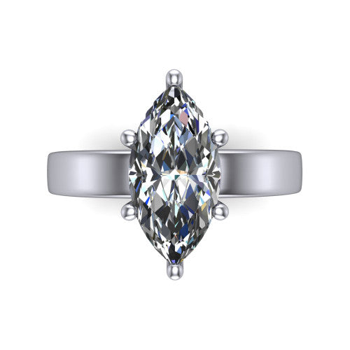Louise marquise classic solitaire engagement ring in 18K White Gold, top-down view showing the four-prong marquise solitaire center and the wide band