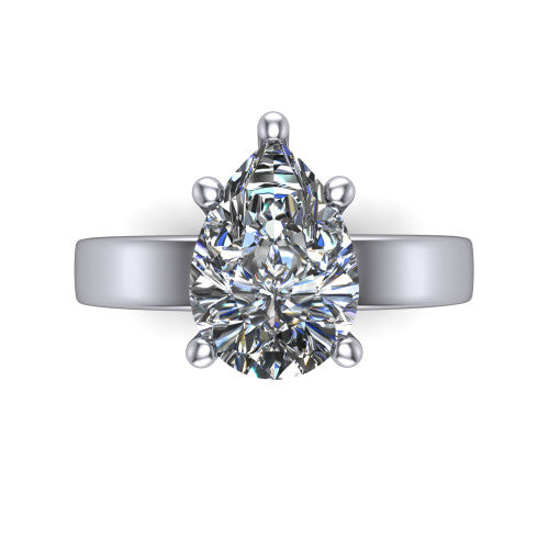 Louise pear classic solitaire engagement ring in 18K White Gold, top-down view showing the four-prong pear solitaire center and the wide band