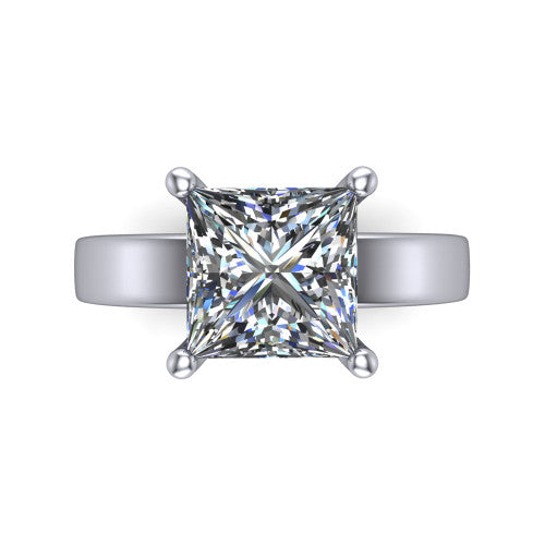 Louise princess classic solitaire engagement ring in Platinum, top-down view showing the four-prong princess solitaire center and the wide band
