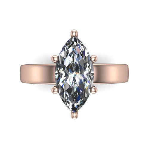 Louise marquise classic solitaire engagement ring in 18K Rose Gold, top-down view showing the four-prong marquise solitaire center and the wide band