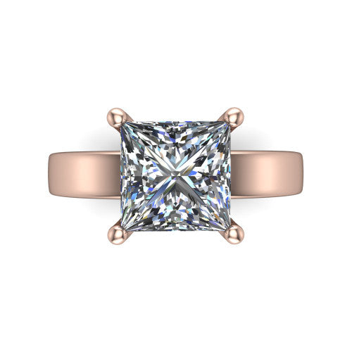 Louise princess classic solitaire engagement ring in 18K Rose Gold, top-down view showing the four-prong princess solitaire center and the wide band