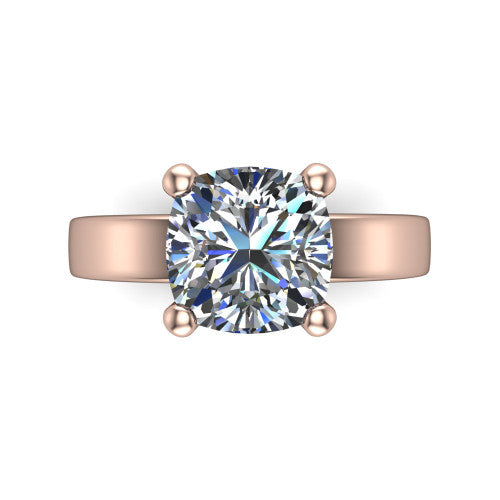 Louise cushion classic solitaire engagement ring in 18K Rose Gold, top-down view showing the four-prong cushion solitaire center and the wide band