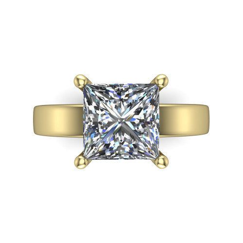 Louise princess classic solitaire engagement ring in 14K Yellow Gold, top-down view showing the four-prong princess solitaire center and the wide band