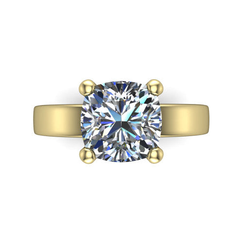 Louise cushion classic solitaire engagement ring in 14K Yellow Gold, top-down view showing the four-prong cushion solitaire center and the wide band
