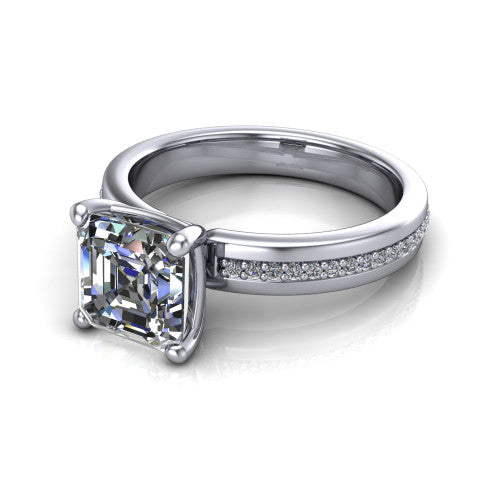 Kamala square emerald classic solitaire engagement ring in 18K White Gold, three-quarter perspective showing the square emerald center on claw prongs above a wide channel-set pav&eacute; band