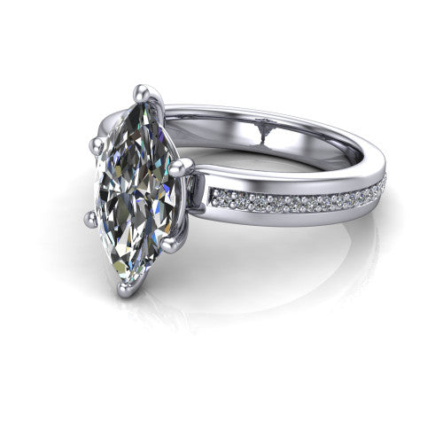 Kamala marquise classic solitaire engagement ring in 18K White Gold, three-quarter perspective showing the marquise center on claw prongs above a wide channel-set pav&eacute; band