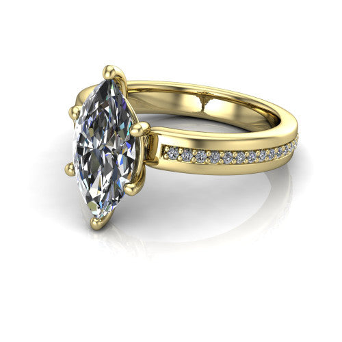 Kamala marquise classic solitaire engagement ring in 14K Yellow Gold, three-quarter perspective showing the marquise center on claw prongs above a wide channel-set pav&eacute; band