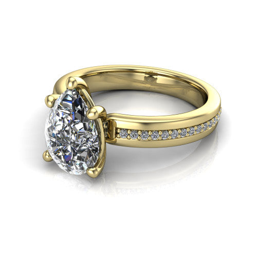 Kamala pear classic solitaire engagement ring in 14K Yellow Gold, three-quarter perspective showing the pear center on claw prongs above a wide channel-set pav&eacute; band