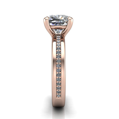 Kamala cushion classic solitaire engagement ring in 18K Rose Gold, side profile showing the wide channel-set pav&eacute; band with high-polish edges and the open basket