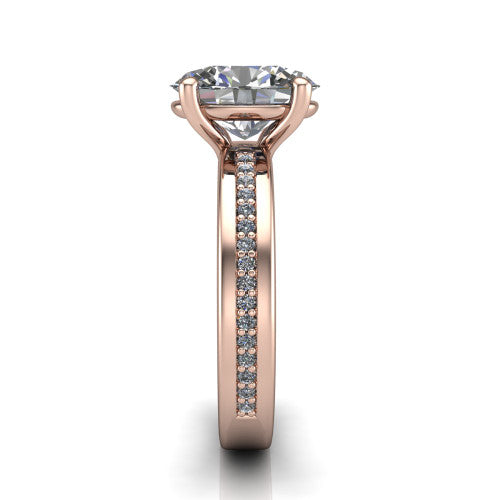 Kamala oval classic solitaire engagement ring in 18K Rose Gold, side profile showing the wide channel-set pav&eacute; band with high-polish edges and the open basket