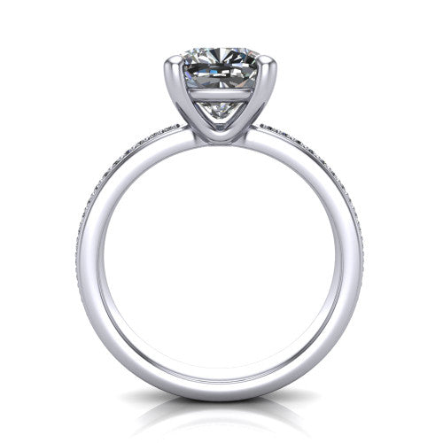 Kamala cushion classic solitaire engagement ring in 14K White Gold, through-finger front profile showing the cushion center raised above the channel-set band