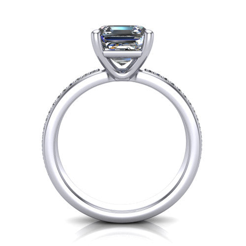 Kamala square emerald classic solitaire engagement ring in 18K White Gold, through-finger front profile showing the square emerald center raised above the channel-set band