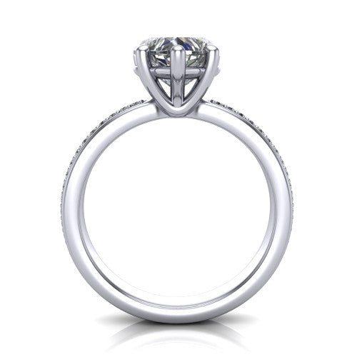 Kamala heart classic solitaire engagement ring in 18K White Gold, through-finger front profile showing the heart center raised above the channel-set band