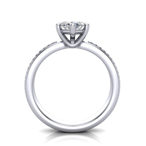 Kamala marquise classic solitaire engagement ring in 18K White Gold, through-finger front profile showing the marquise center raised above the channel-set band