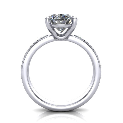 Kamala oval classic solitaire engagement ring in 18K White Gold, through-finger front profile showing the oval center raised above the channel-set band