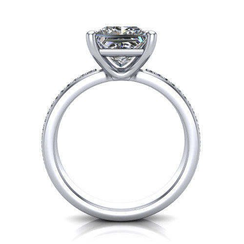 Kamala princess classic solitaire engagement ring in Platinum, through-finger front profile showing the princess center raised above the channel-set band