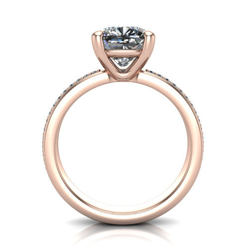 Kamala cushion classic solitaire engagement ring in 14K Rose Gold, through-finger front profile showing the cushion center raised above the channel-set band