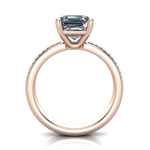 Kamala square emerald classic solitaire engagement ring in 18K Rose Gold, through-finger front profile showing the square emerald center raised above the channel-set band