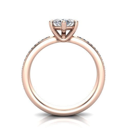 Kamala marquise classic solitaire engagement ring in 14K Rose Gold, through-finger front profile showing the marquise center raised above the channel-set band