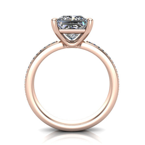 Kamala princess classic solitaire engagement ring in 18K Rose Gold, through-finger front profile showing the princess center raised above the channel-set band