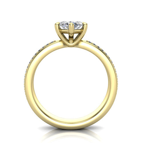 Kamala marquise classic solitaire engagement ring in 14K Yellow Gold, through-finger front profile showing the marquise center raised above the channel-set band