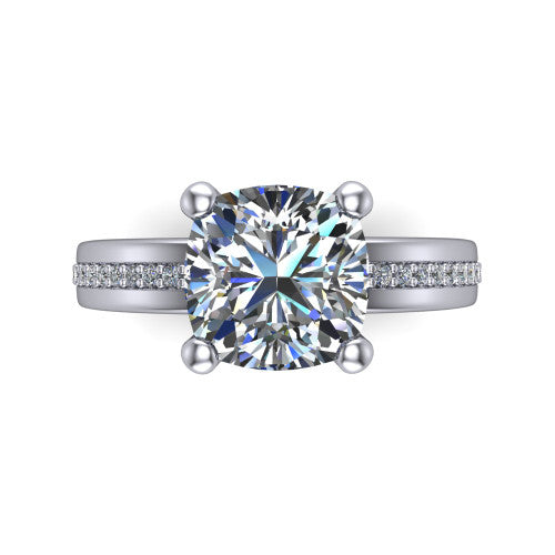 Kamala cushion classic solitaire engagement ring in 18K White Gold, top-down view showing the four-prong cushion center and the channel row of diamonds down the band