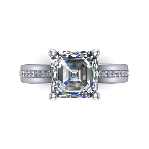 Kamala square emerald classic solitaire engagement ring in 18K White Gold, top-down view showing the four-prong square emerald center and the channel row of diamonds down the band