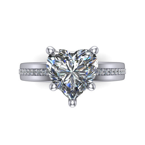 Kamala heart classic solitaire engagement ring in 18K White Gold, top-down view showing the four-prong heart center and the channel row of diamonds down the band