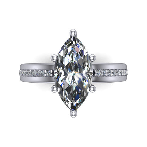Kamala marquise classic solitaire engagement ring in Platinum, top-down view showing the four-prong marquise center and the channel row of diamonds down the band