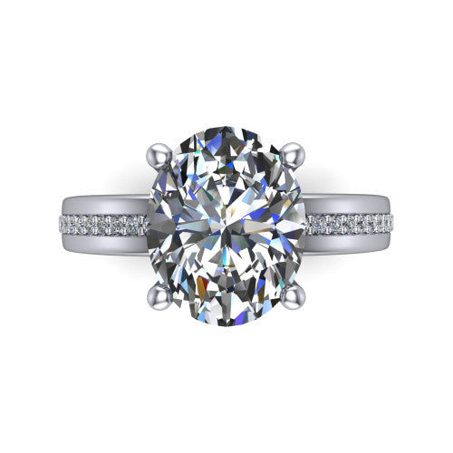 Kamala oval classic solitaire engagement ring in 18K White Gold, top-down view showing the four-prong oval center and the channel row of diamonds down the band