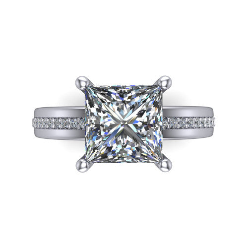 Kamala princess classic solitaire engagement ring in Platinum, top-down view showing the four-prong princess center and the channel row of diamonds down the band