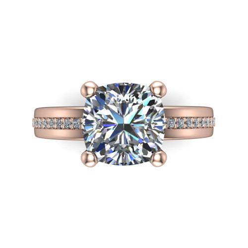 Kamala cushion classic solitaire engagement ring in 18K Rose Gold, top-down view showing the four-prong cushion center and the channel row of diamonds down the band