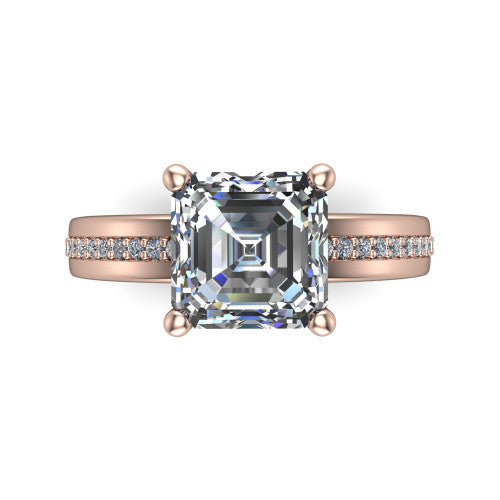Kamala square emerald classic solitaire engagement ring in 18K Rose Gold, top-down view showing the four-prong square emerald center and the channel row of diamonds down the band