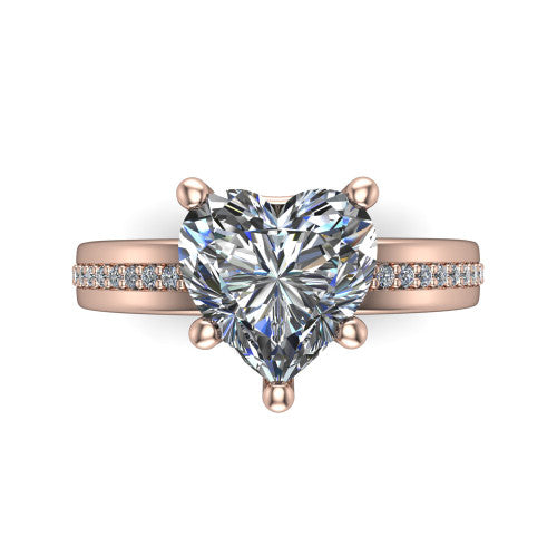 Kamala heart classic solitaire engagement ring in 14K Rose Gold, top-down view showing the four-prong heart center and the channel row of diamonds down the band