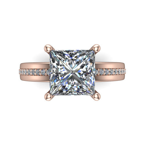 Kamala princess classic solitaire engagement ring in 14K Rose Gold, top-down view showing the four-prong princess center and the channel row of diamonds down the band