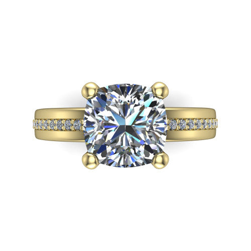 Kamala cushion classic solitaire engagement ring in 18K Yellow Gold, top-down view showing the four-prong cushion center and the channel row of diamonds down the band