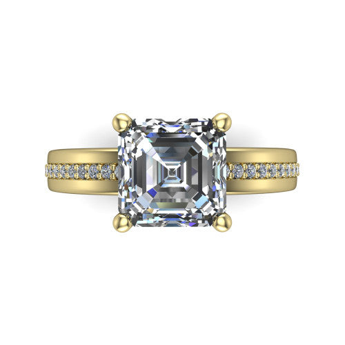 Kamala square emerald classic solitaire engagement ring in 14K Yellow Gold, top-down view showing the four-prong square emerald center and the channel row of diamonds down the band