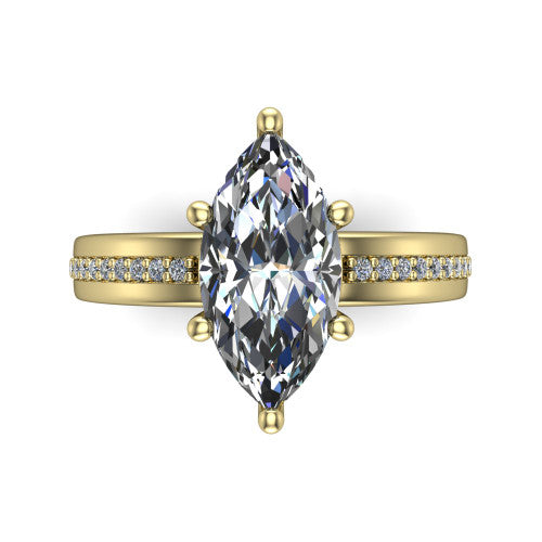 Kamala marquise classic solitaire engagement ring in 14K Yellow Gold, top-down view showing the four-prong marquise center and the channel row of diamonds down the band