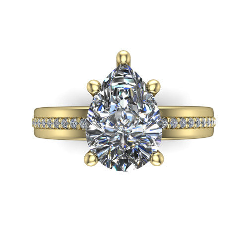 Kamala pear classic solitaire engagement ring in 14K Yellow Gold, top-down view showing the four-prong pear center and the channel row of diamonds down the band