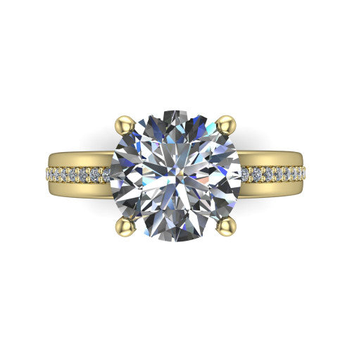 Kamala round classic solitaire engagement ring in 14K Yellow Gold, top-down view showing the four-prong round center and the channel row of diamonds down the band