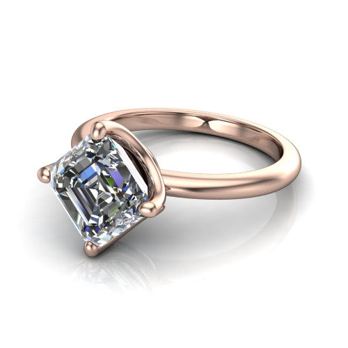 Josie asscher east-west solitaire engagement ring in 14K Rose Gold with plain band, three-quarter perspective view