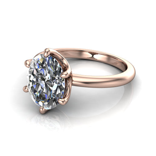 Josie oval east-west solitaire engagement ring in 18K Rose Gold with plain band, three-quarter perspective view